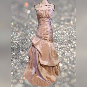 Tiffany Designs Champagne Asymmetrical Ruched Gown